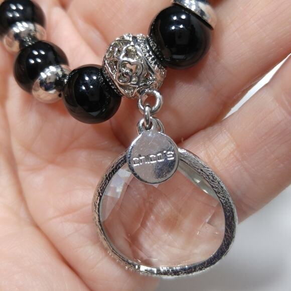Chico’s Black Beaded Stretch Bracelet Silver Tone Clear Crystal Charm - Picture 6 of 8
